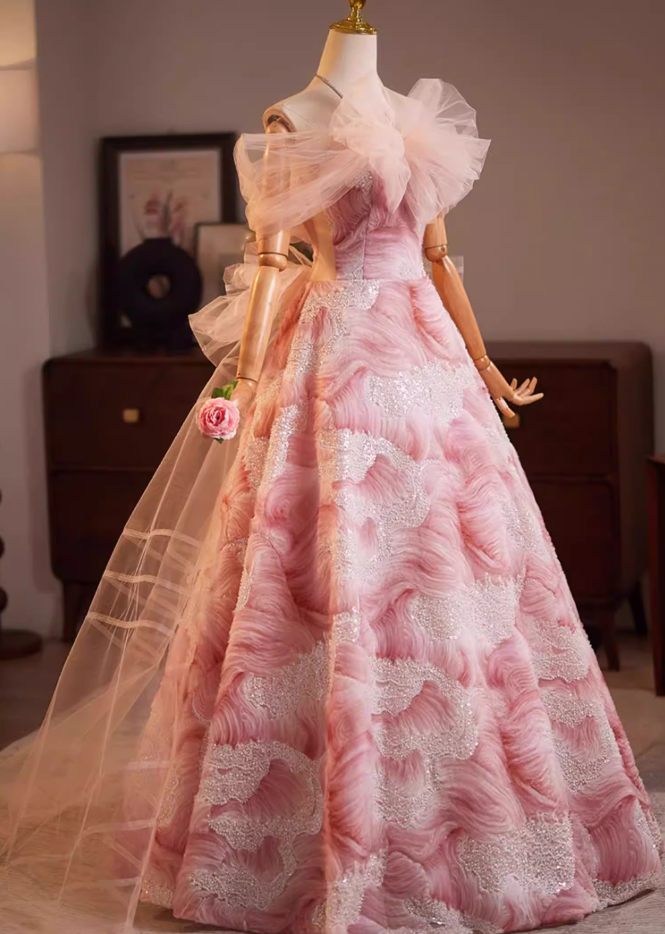 Dramatic A-Line Tulle Off-Shoulder Floral Sweet 16th Dresses Sequins Bow Prom Dress AP5192
