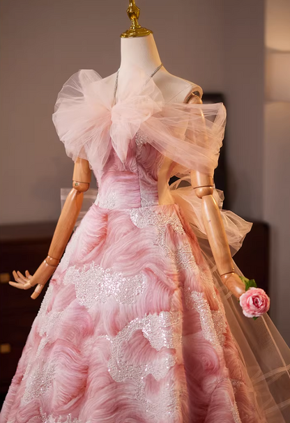 Dramatic A-Line Tulle Off-Shoulder Floral Sweet 16th Dresses Sequins Bow Prom Dress AP5192
