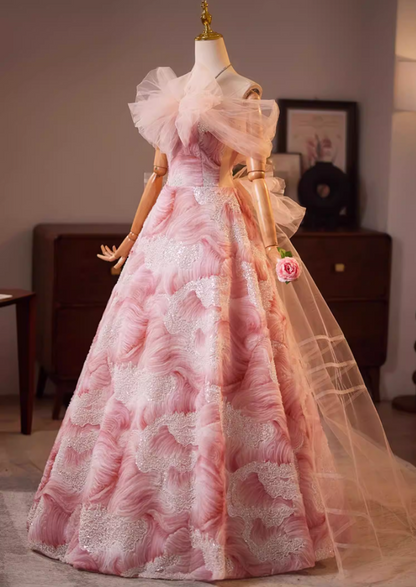 Dramatic A-Line Tulle Off-Shoulder Floral Sweet 16th Dresses Sequins Bow Prom Dress AP5192