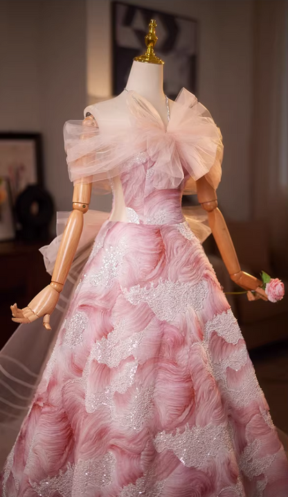 Dramatic A-Line Tulle Off-Shoulder Floral Sweet 16th Dresses Sequins Bow Prom Dress AP5192