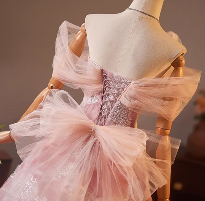 Dramatic A-Line Tulle Off-Shoulder Floral Sweet 16th Dresses Sequins Bow Prom Dress AP5192