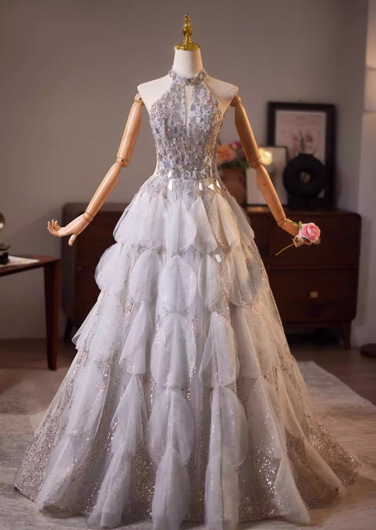 Stunning Halter Neck Cutout A-Line Sweet 16 Gowns Crystals Sequins Tulle Prom Dress AP5193