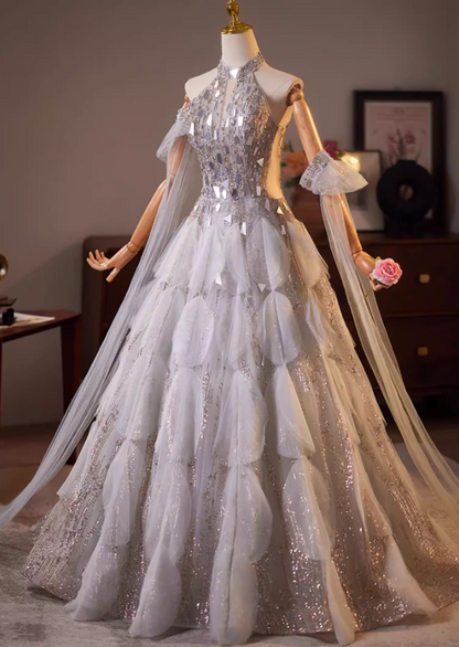 Stunning Halter Neck Cutout A-Line Sweet 16 Gowns Crystals Sequins Tulle Prom Dress AP5193