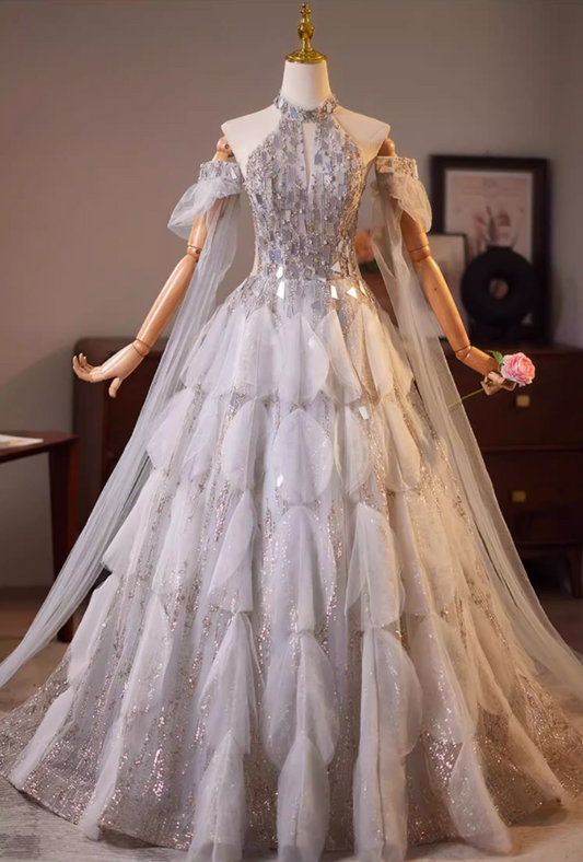 Stunning Halter Neck Cutout A-Line Sweet 16 Gowns Crystals Sequins Tulle Prom Dress AP5193