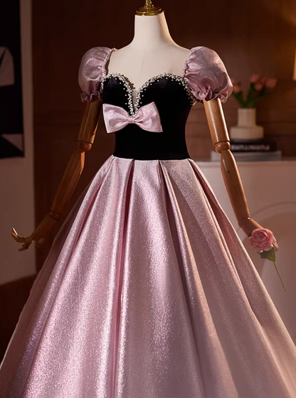 Novelty Sweetheart Neck A-Line Sweet 16th Gowns Bow Pearls Short Sleeve Prom Dress AP5194