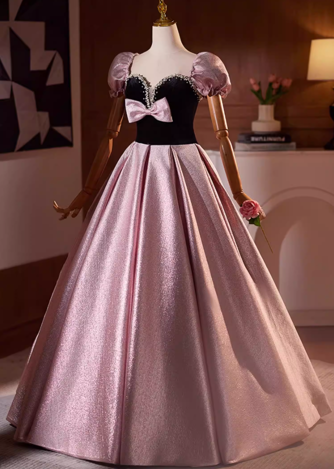 Novelty Sweetheart Neck A-Line Sweet 16th Gowns Bow Pearls Short Sleeve Prom Dress AP5194
