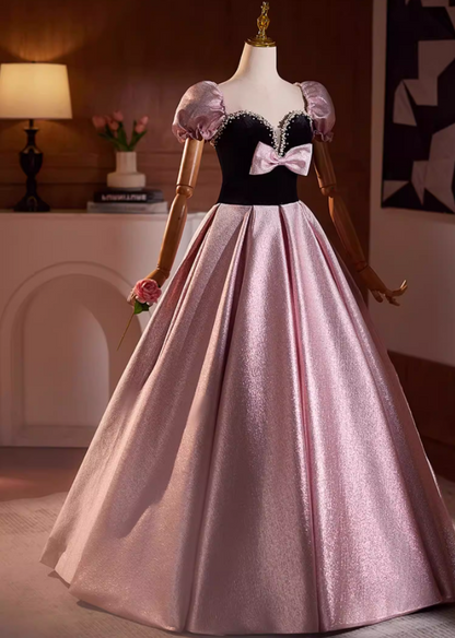 Novelty Sweetheart Neck A-Line Sweet 16th Gowns Bow Pearls Short Sleeve Prom Dress AP5194