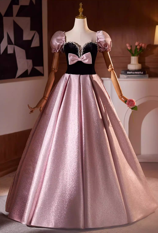 Novelty Sweetheart Neck A-Line Sweet 16th Gowns Bow Pearls Short Sleeve Prom Dress AP5194
