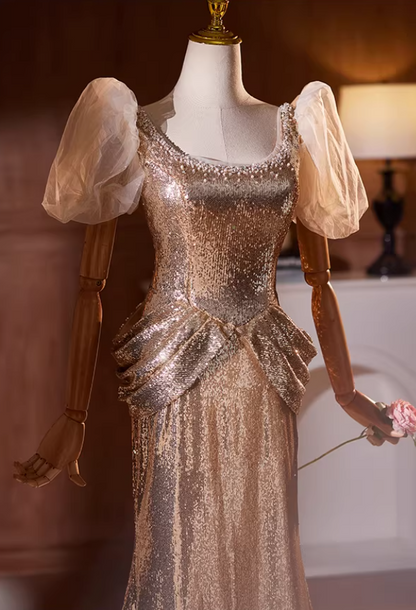 Unique Square Neck Puff Short Sleeve Mermaid Evening Dresses Beads Sequins Draped Prom Dress AP5195