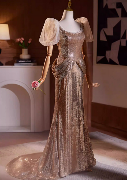 Unique Square Neck Puff Short Sleeve Mermaid Evening Dresses Beads Sequins Draped Prom Dress AP5195