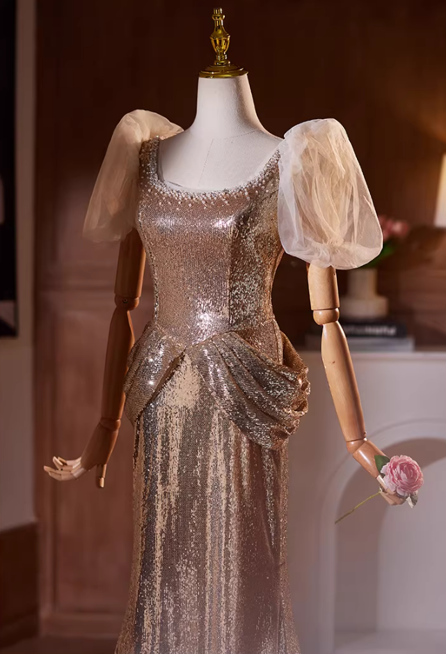 Unique Square Neck Puff Short Sleeve Mermaid Evening Dresses Beads Sequins Draped Prom Dress AP5195