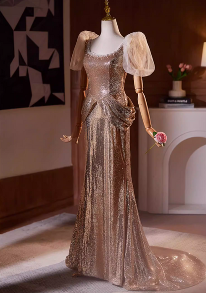 Unique Square Neck Puff Short Sleeve Mermaid Evening Dresses Beads Sequins Draped Prom Dress AP5195