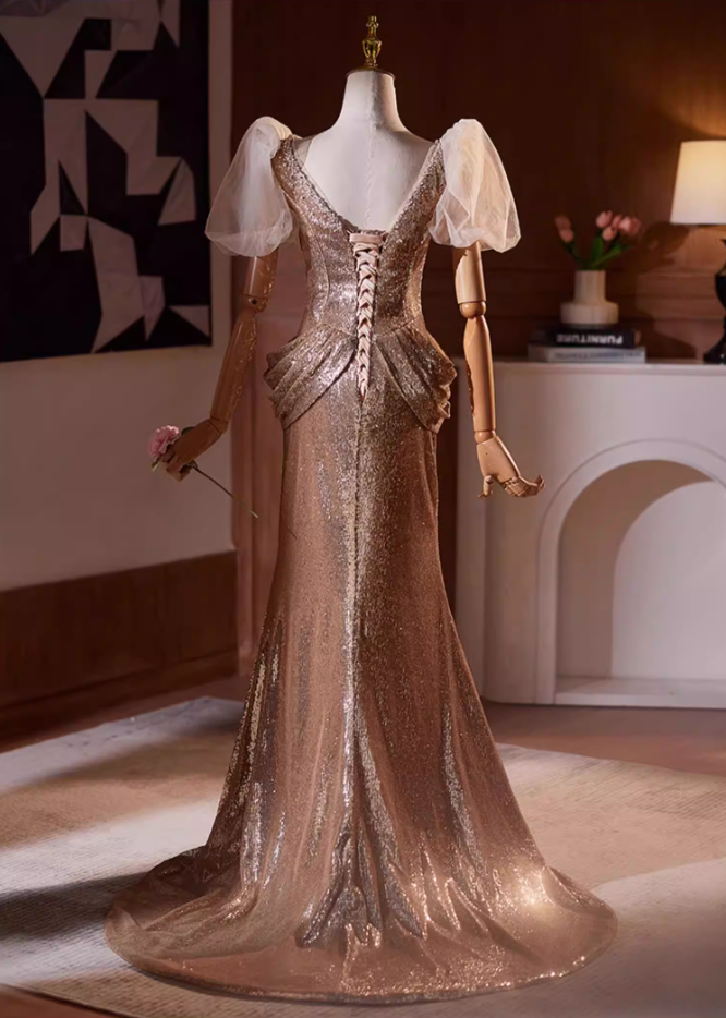Unique Square Neck Puff Short Sleeve Mermaid Evening Dresses Beads Sequins Draped Prom Dress AP5195
