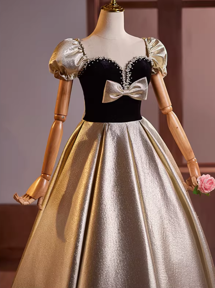 Vibrant A-Line Sweetheart Neck Sweet 16th Gowns Short Sleeve Bow Pearls Prom Dress AP5196
