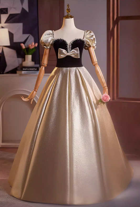 Vibrant A-Line Sweetheart Neck Sweet 16th Gowns Short Sleeve Bow Pearls Prom Dress AP5196