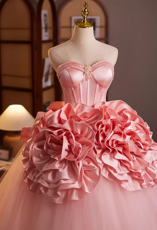 Fashionable Strapless A-Line Tulle Sweet 16th Gowns Beads Handmade Flowers Prom Dress AP5197