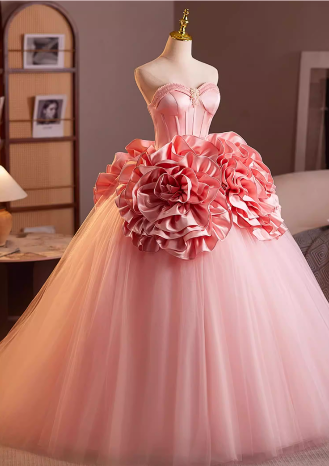 Fashionable Strapless A-Line Tulle Sweet 16th Gowns Beads Handmade Flowers Prom Dress AP5197