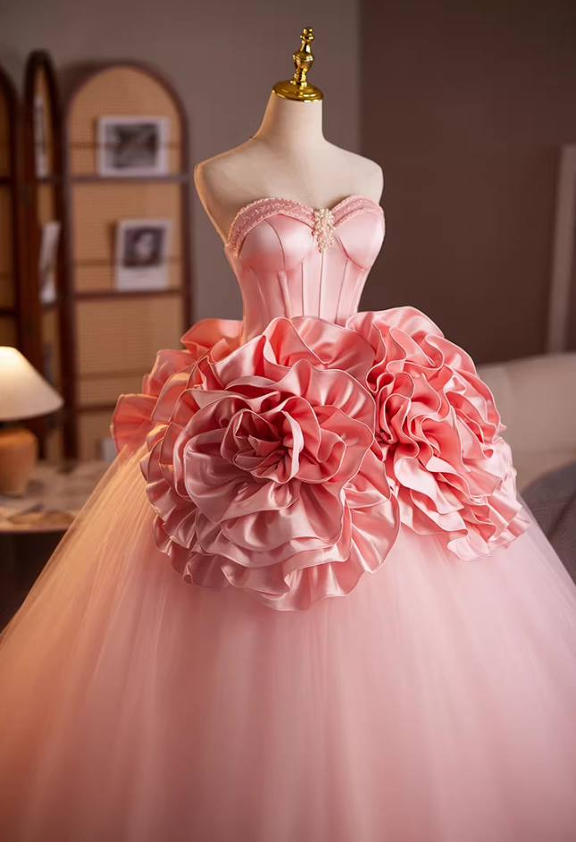Fashionable Strapless A-Line Tulle Sweet 16th Gowns Beads Handmade Flowers Prom Dress AP5197