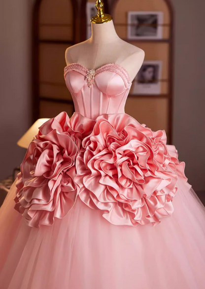 Fashionable Strapless A-Line Tulle Sweet 16th Gowns Beads Handmade Flowers Prom Dress AP5197