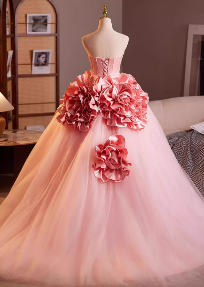 Fashionable Strapless A-Line Tulle Sweet 16th Gowns Beads Handmade Flowers Prom Dress AP5197