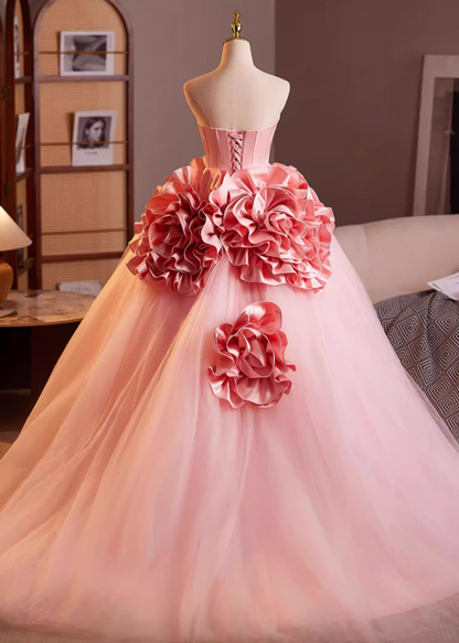 Fashionable Strapless A-Line Tulle Sweet 16th Gowns Beads Handmade Flowers Prom Dress AP5197