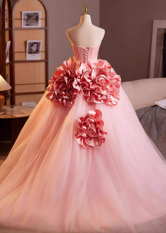 Fashionable Strapless A-Line Tulle Sweet 16th Gowns Beads Handmade Flowers Prom Dress AP5197