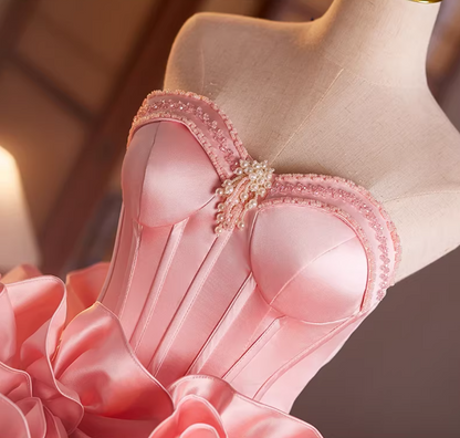 Fashionable Strapless A-Line Tulle Sweet 16th Gowns Beads Handmade Flowers Prom Dress AP5197