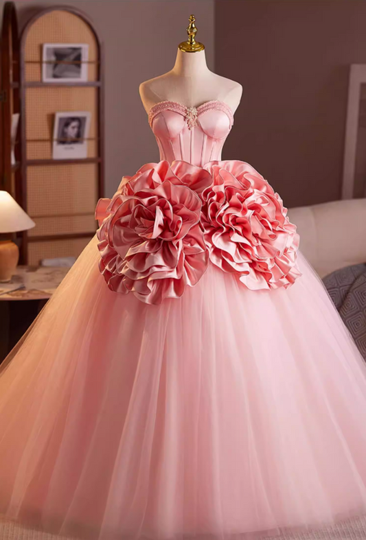 Fashionable Strapless A-Line Tulle Sweet 16th Gowns Beads Handmade Flowers Prom Dress AP5197
