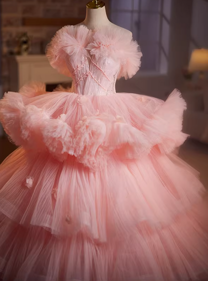 French Style Strapless A-Line Tiered Tulle Sweet 16th Gowns Sequins Beading Appliques Prom Dress AP5198