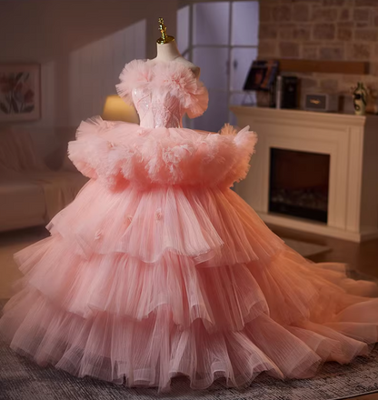 French Style Strapless A-Line Tiered Tulle Sweet 16th Gowns Sequins Beading Appliques Prom Dress AP5198