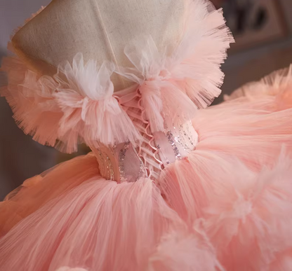 French Style Strapless A-Line Tiered Tulle Sweet 16th Gowns Sequins Beading Appliques Prom Dress AP5198