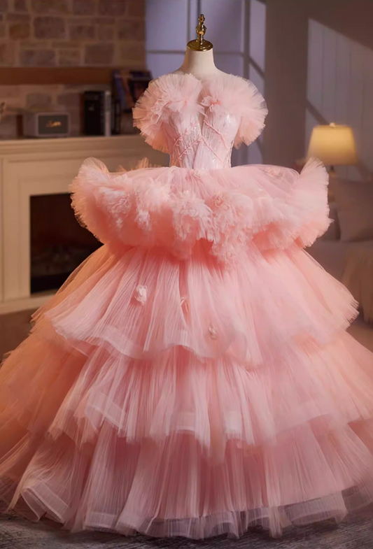 French Style Strapless A-Line Tiered Tulle Sweet 16th Gowns Sequins Beading Appliques Prom Dress AP5198
