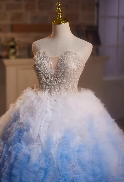 Minimalist Strapless A-Line Ombre Sweet 16th Gowns Sequins Beading Ruffles Tulle Prom Dress AP5199