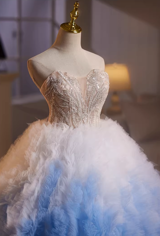 Minimalist Strapless A-Line Ombre Sweet 16th Gowns Sequins Beading Ruffles Tulle Prom Dress AP5199