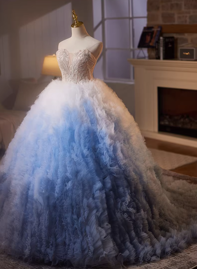 Minimalist Strapless A-Line Ombre Sweet 16th Gowns Sequins Beading Ruffles Tulle Prom Dress AP5199