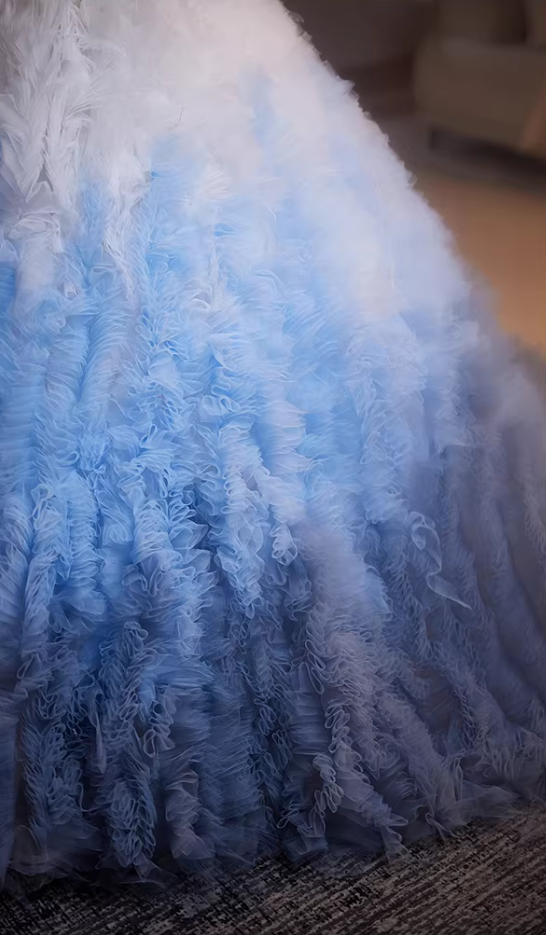 Minimalist Strapless A-Line Ombre Sweet 16th Gowns Sequins Beading Ruffles Tulle Prom Dress AP5199