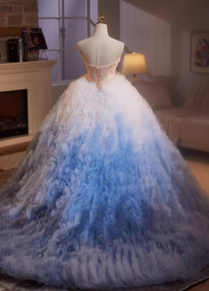 Minimalist Strapless A-Line Ombre Sweet 16th Gowns Sequins Beading Ruffles Tulle Prom Dress AP5199