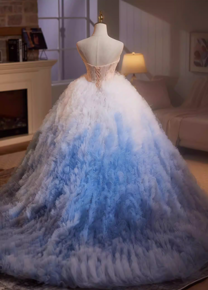 Minimalist Strapless A-Line Ombre Sweet 16th Gowns Sequins Beading Ruffles Tulle Prom Dress AP5199