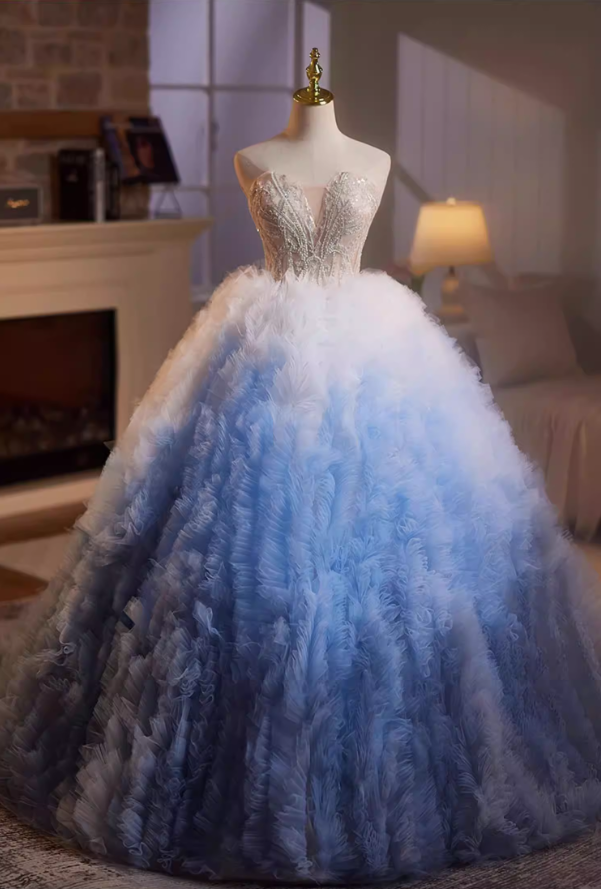 Minimalist Strapless A-Line Ombre Sweet 16th Gowns Sequins Beading Ruffles Tulle Prom Dress AP5199