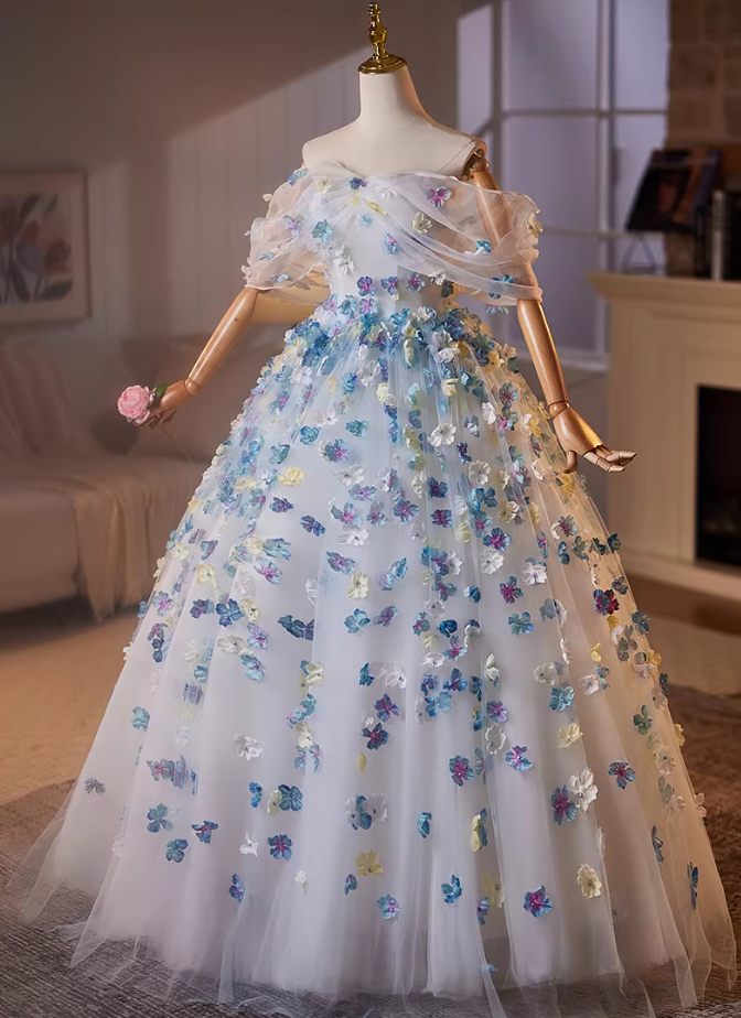 Charming A-Line Tulle Off-Shoulder Sweet 16th Dresses Appliques Beads Prom Dress AP5200