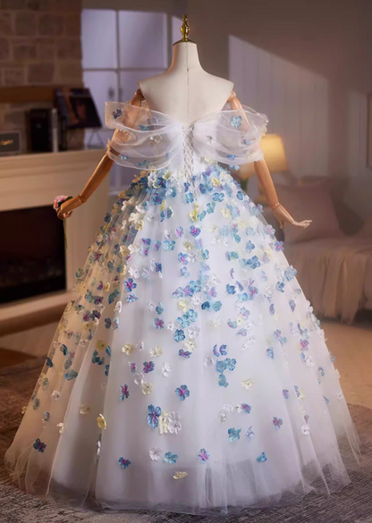 Charming A-Line Tulle Off-Shoulder Sweet 16th Dresses Appliques Beads Prom Dress AP5200