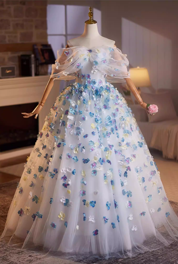 Charming A-Line Tulle Off-Shoulder Sweet 16th Dresses Appliques Beads Prom Dress AP5200