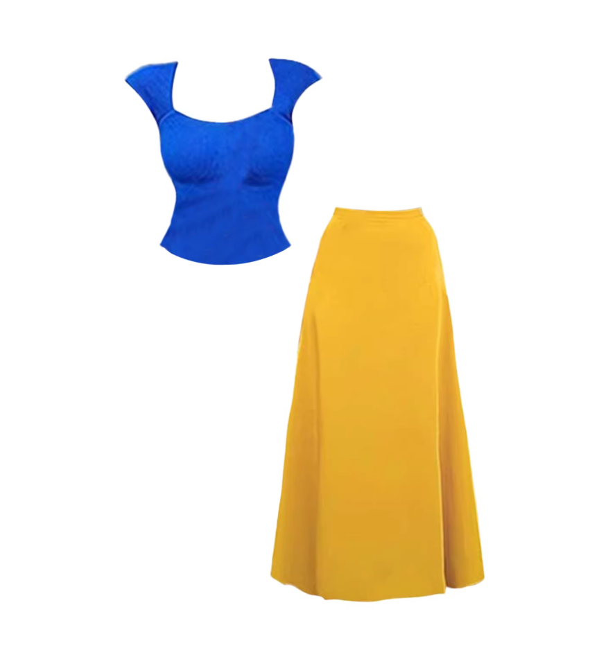 Flowy 2-Piece Set A-Line Short Sleeve Maxi Skirt Vibrant Chest Cutout Square Neck Royal Blue Top Yellow Pleated Long Dress AP5202
