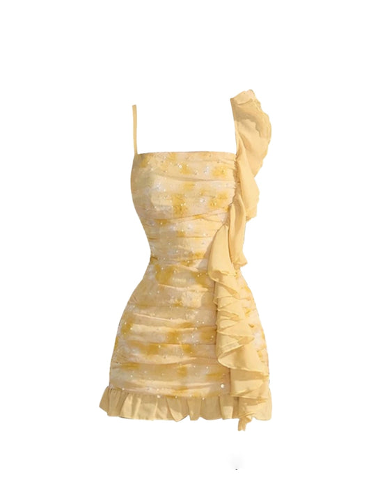 Sparkly Ruffle Spaghetti Strap Sequins Mini Skirt Trendy Pale Yellow Gradient-Print Bodycon Short Dress AP5203