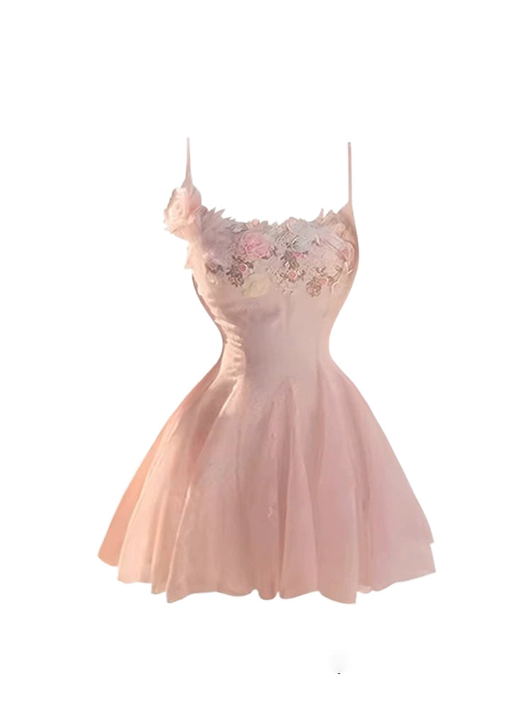 Bling Spaghetti Strap A-Line Flared Mini Skirt Elegant Blush 3D Floral Accents Short Dress AP5205