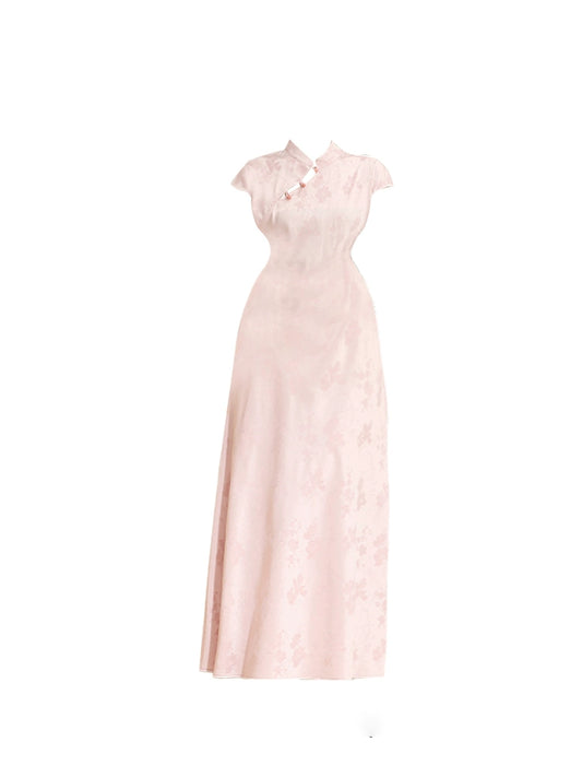 Stylish A-Line Short Sleeve Maxi Skirt Trendy Blush Jacquard Mandarin Collar Long Dress AP5206