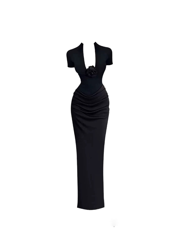 Flattering Short Sleeve 3D Flower Side Slit Maxi Dresses Chic V Neck Cutout Bust Black Sheath Long Dress AP5208