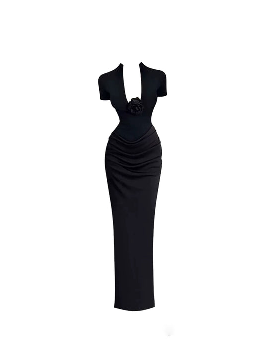 Flattering Short Sleeve 3D Flower Side Slit Maxi Dresses Chic V Neck Cutout Bust Black Sheath Long Dress AP5208