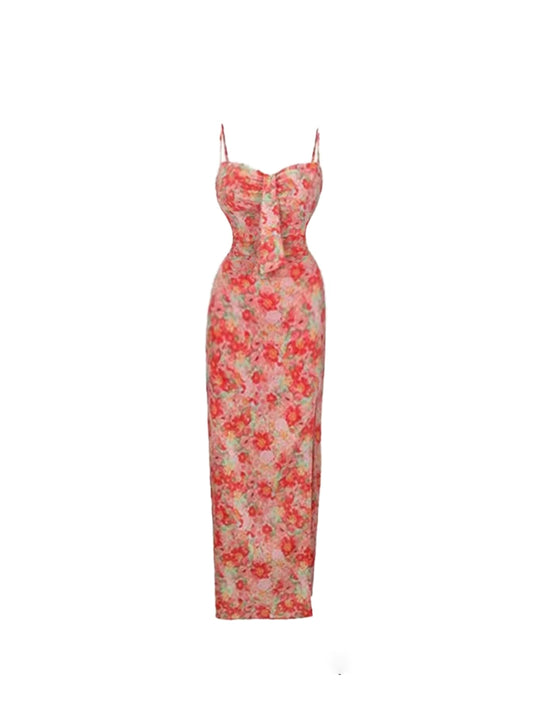 Trendy Tie-Front Bust Sheath Date Nights Maxi Dress Pink & Red Floral Spaghetti Strap Long Dress AP5209
