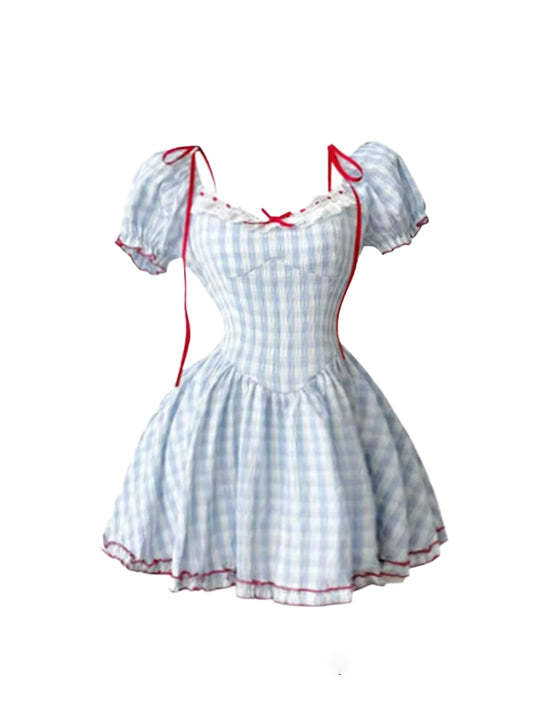 Attractive A-Line Light Blue Gingham Mini Skirt Elegant Puff Sleeves Red Ribbon Ruffled Lace Short Dress AP5210